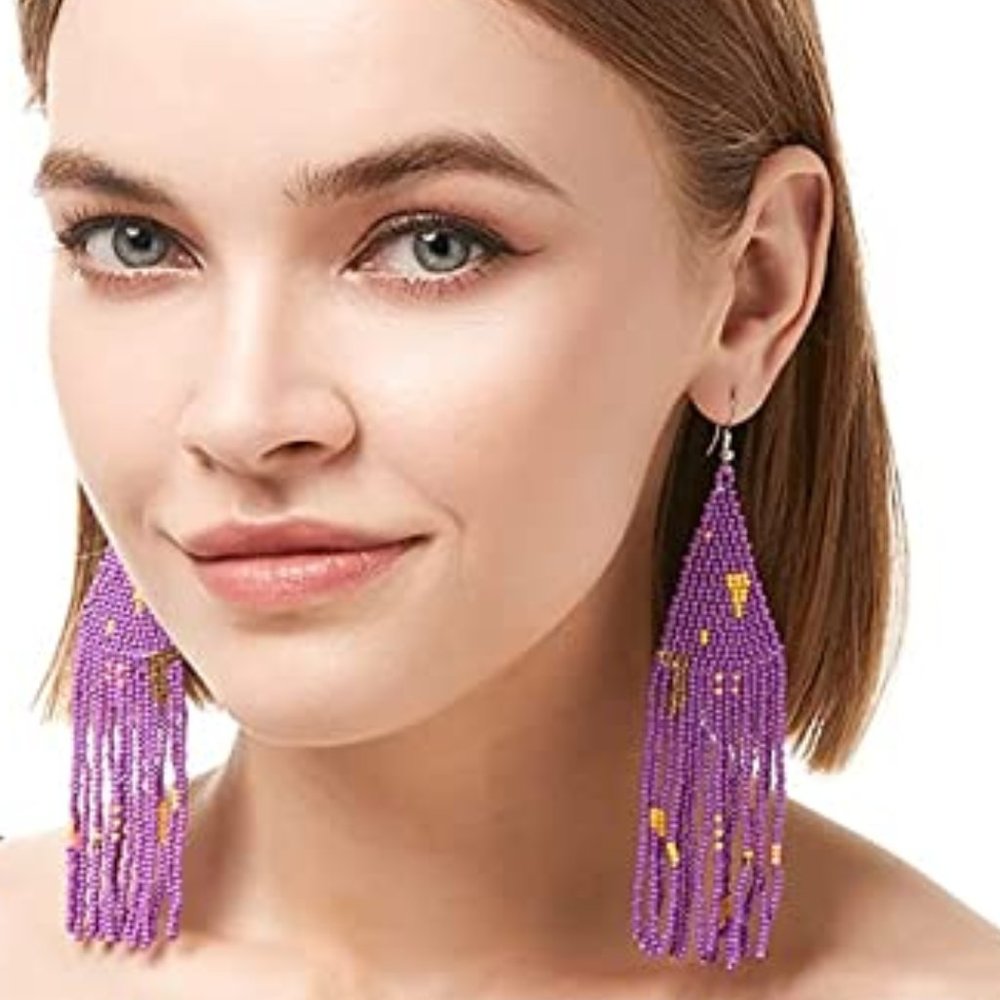 Long 5" Multicolor Abstract Purple Handmade Beaded Oversized Boho Earrings New